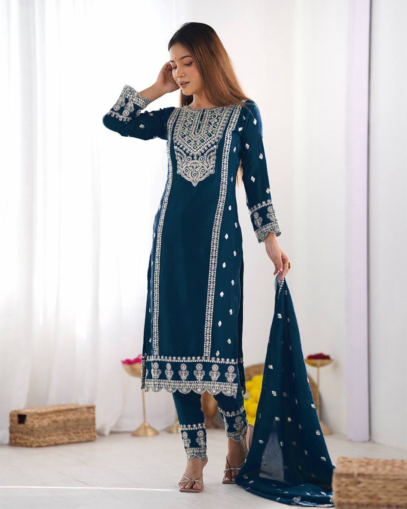 Women Silk Kurta Pant Dupatta Set – Embroidered Tesla Fabric