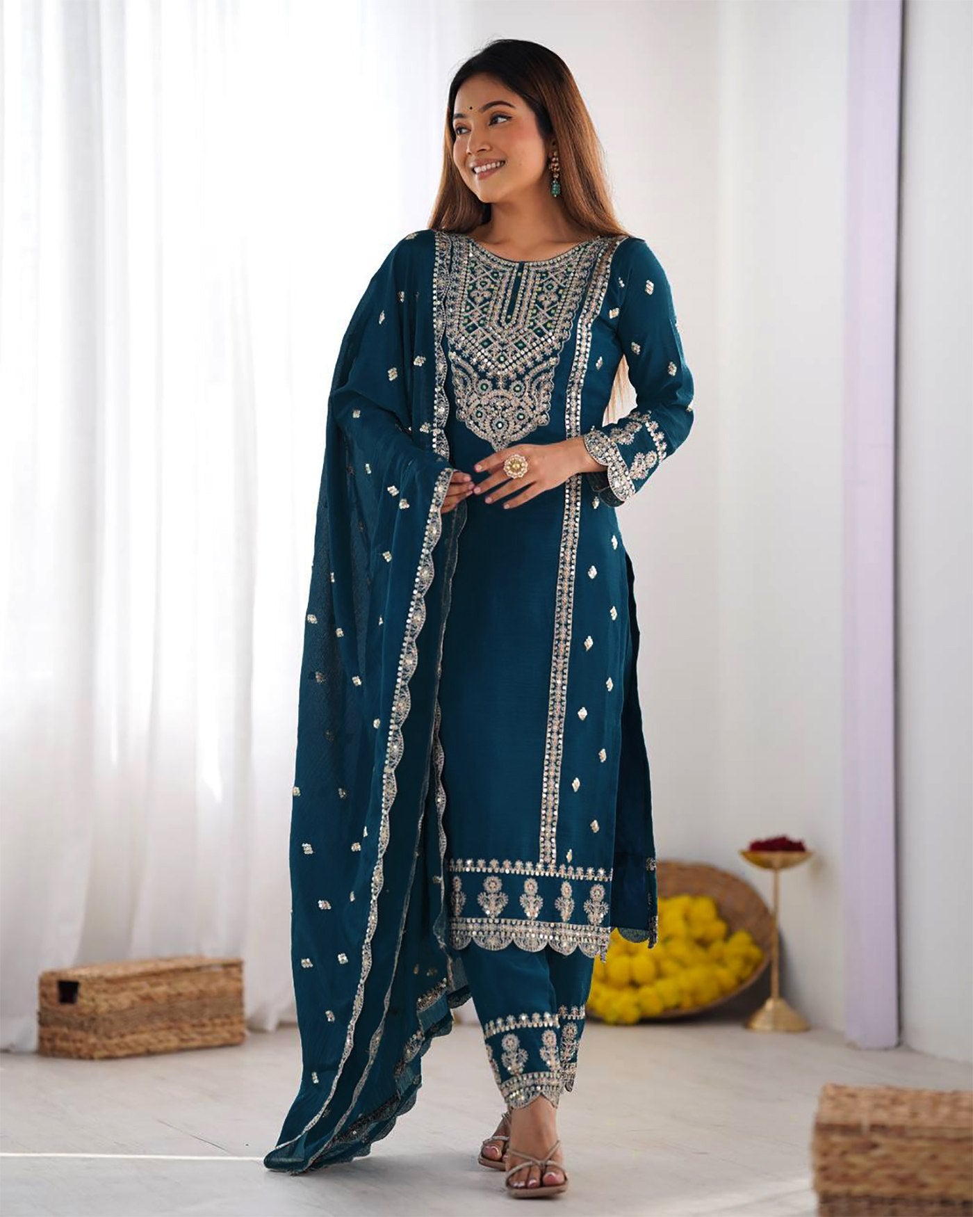 Women Silk Kurta Pant Dupatta Set – Embroidered Tesla Fabric