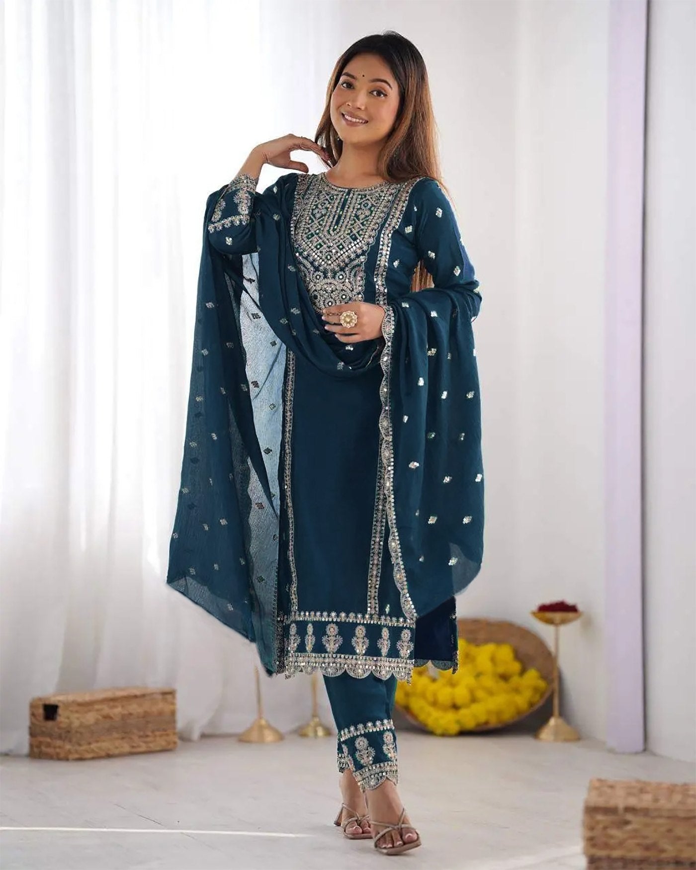 Women Silk Kurta Pant Dupatta Set – Embroidered Tesla Fabric