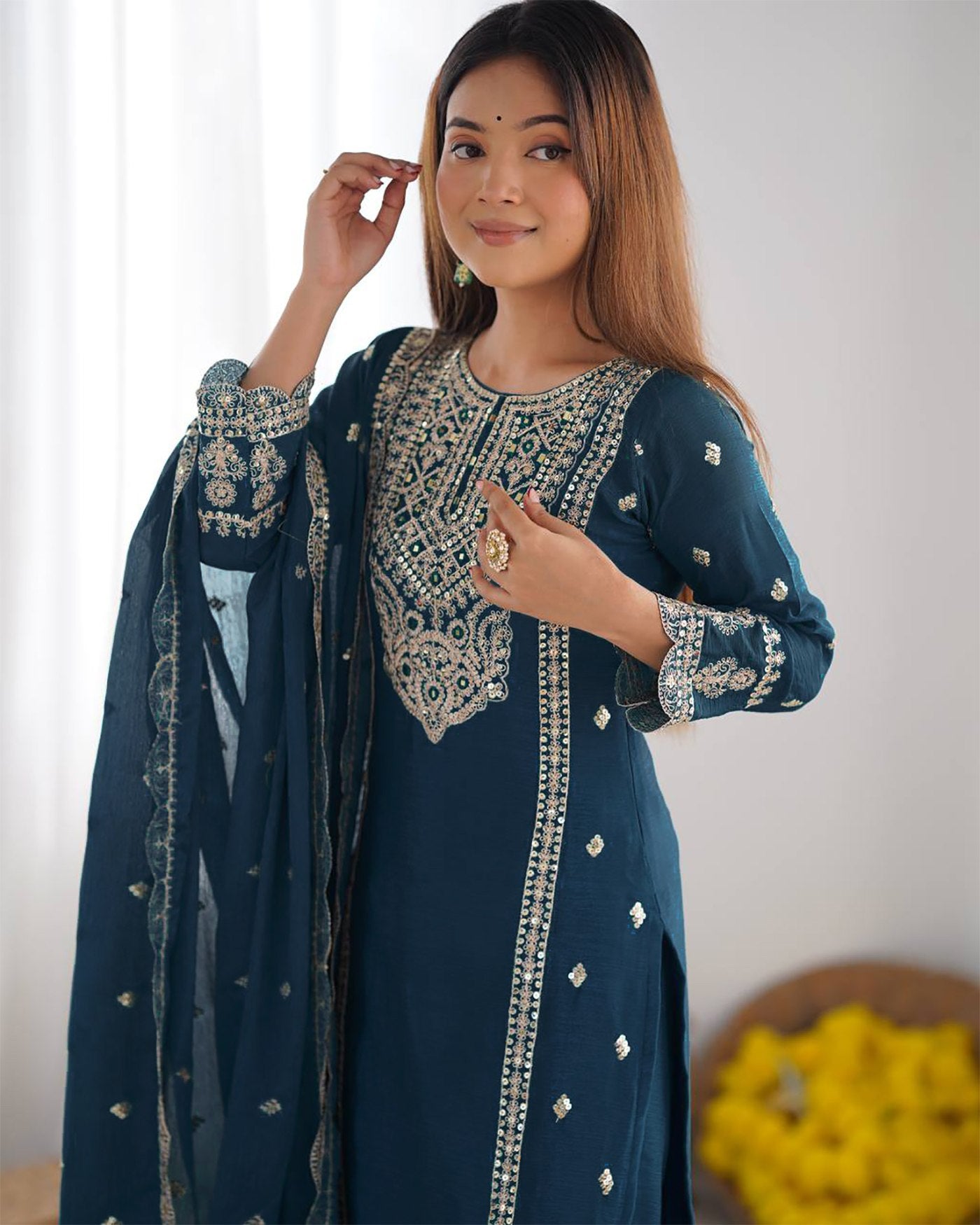 Women Silk Kurta Pant Dupatta Set – Embroidered Tesla Fabric